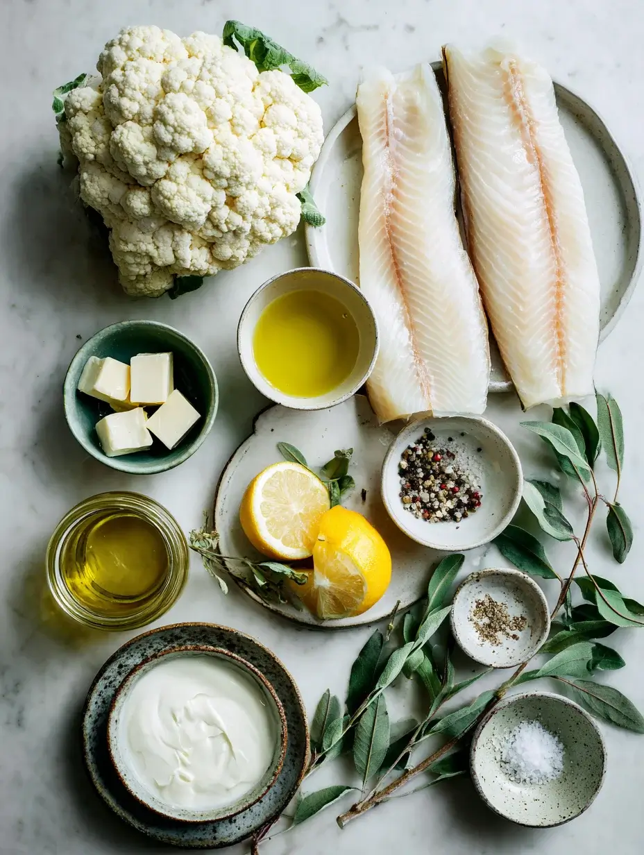 Ingredients for Pan-Seared Seabass with Cauliflower Purée and Lemon Verbena Oil