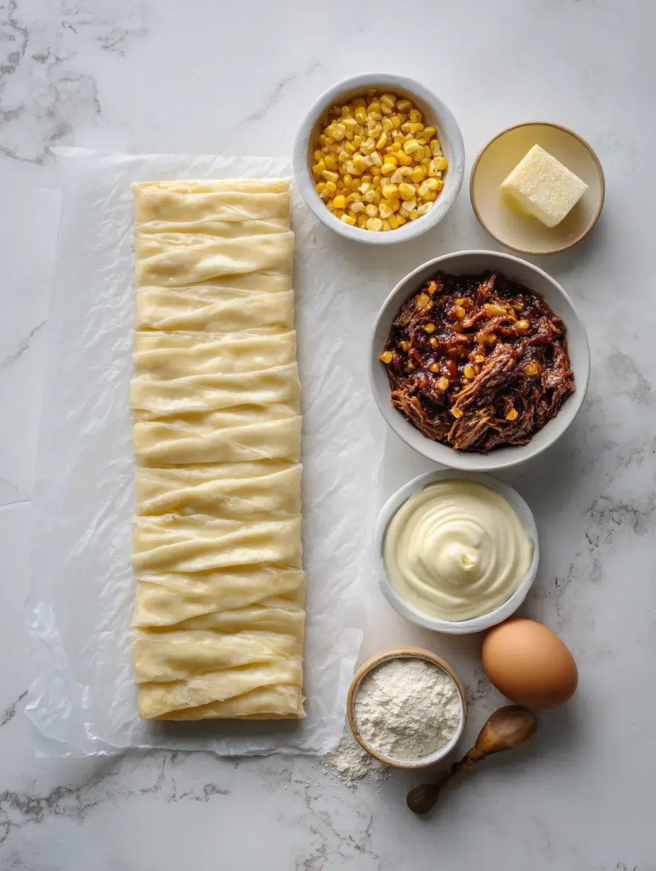 Flat lay of ingredients for mini puff pastry with BBQ beef brisket and corn cream