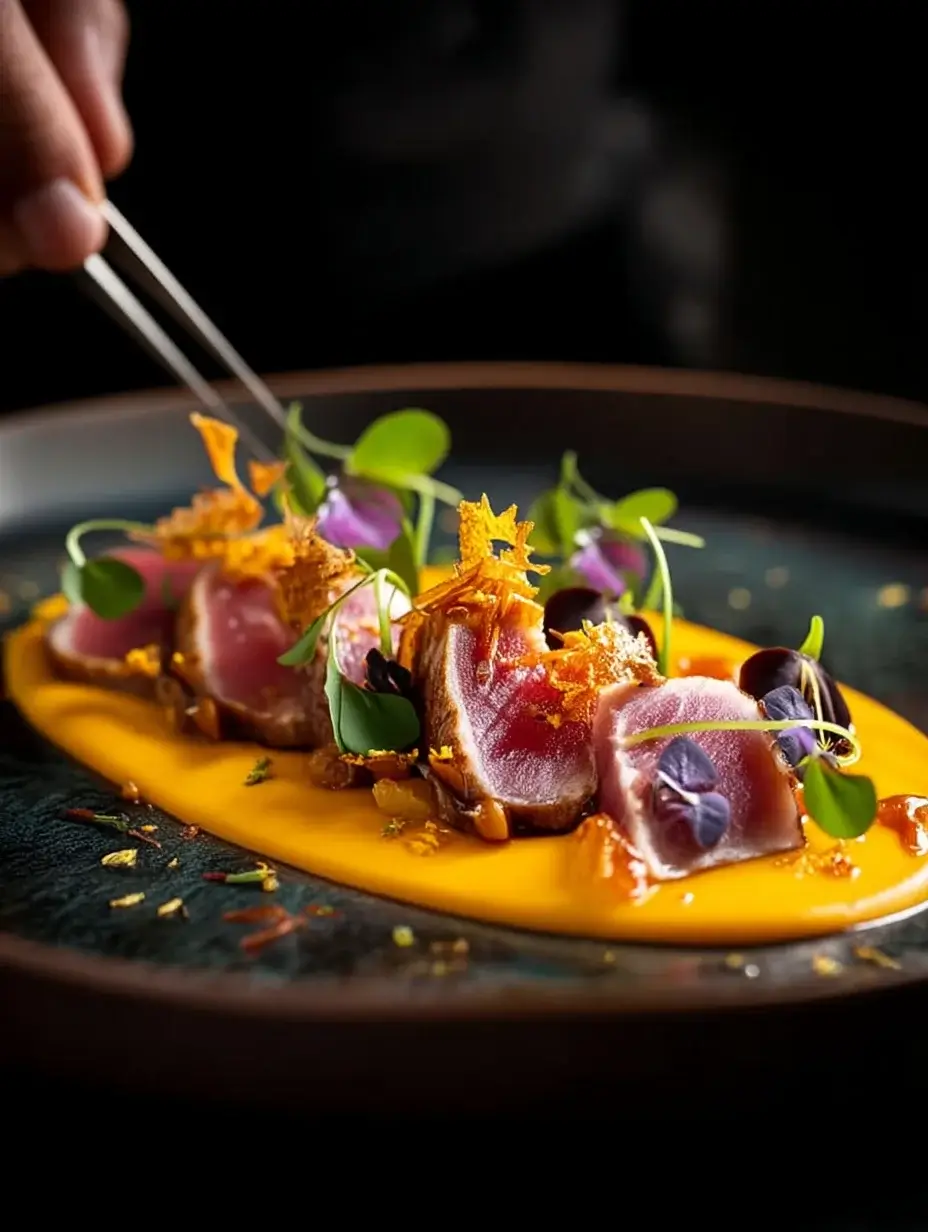 Served Duck Slice with Pumpkin Silk and Roasted Quince Essence