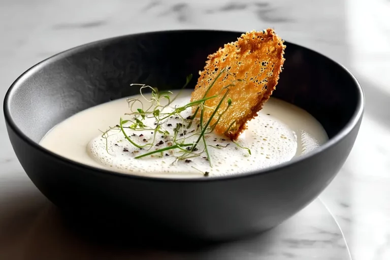 Cauliflower Velouté with Truffle Foam and Parmesan tuile.