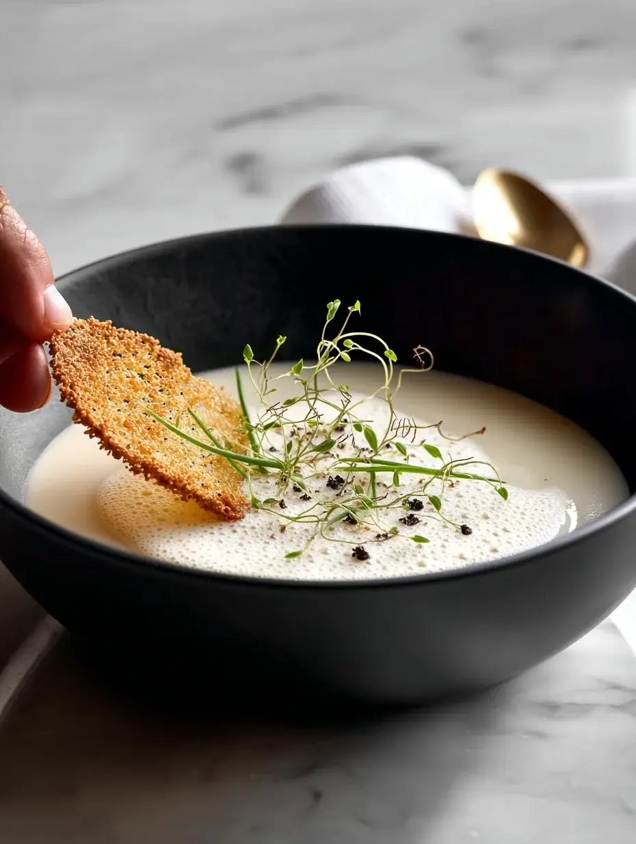 Woman chef’s hands adding garnish to Cauliflower Velouté with Truffle Foam.