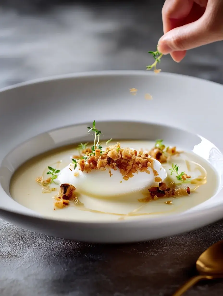 A bowl of creamy Onion Velouté topped with apple foam and chestnut crumb.