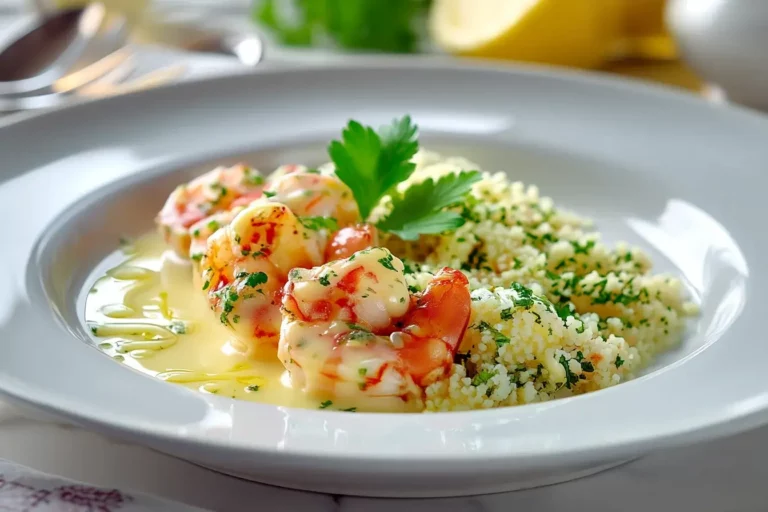 Garlic Butter Shrimp with lemon cream and herb couscous on a white plate.