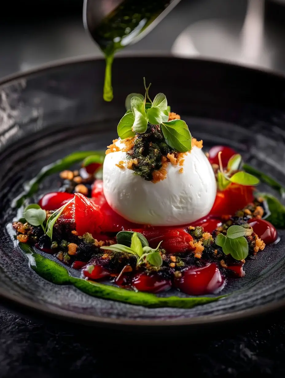 Chef plating Burrata Cloud with Basil Oil.