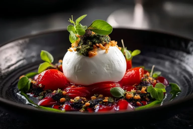 Burrata Cloud with Basil Oil plated on marble counter.