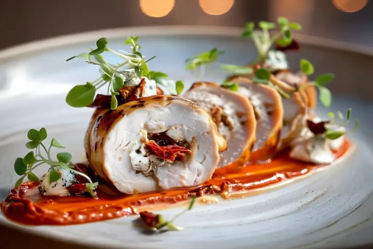 Chicken Ballotine Bite with Goat Cheese and Sun-Dried Tomato Cream plated elegantly with basil garnish.