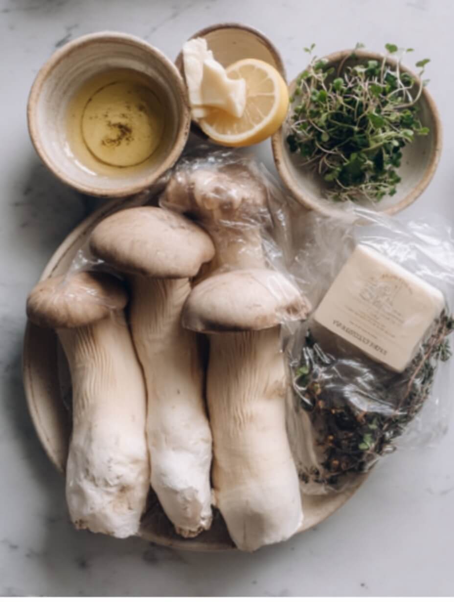 Fresh ingredients for King Oyster Mushroom Scallop recipe on marble surface.