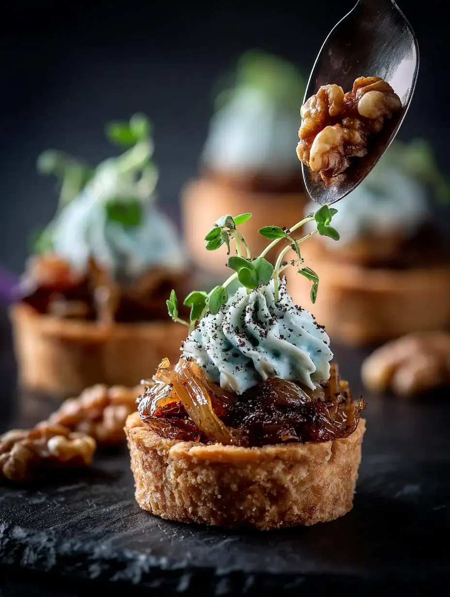 Assembling Mini Caramelized Onion Tartlets with Blue Cheese Mousse and Walnut Soil