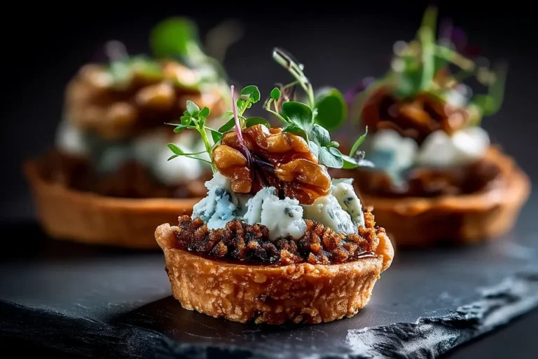 Mini Caramelized Onion Tartlet with Blue Cheese Mousse and Walnut Soil on marble countertop