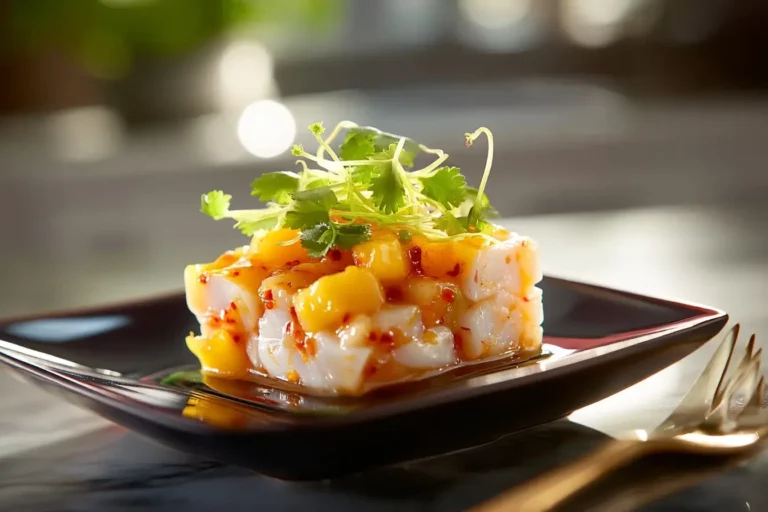 Crab and Mango Cube with Chili-Lime Glaze & Coriander Sprout on marble counter