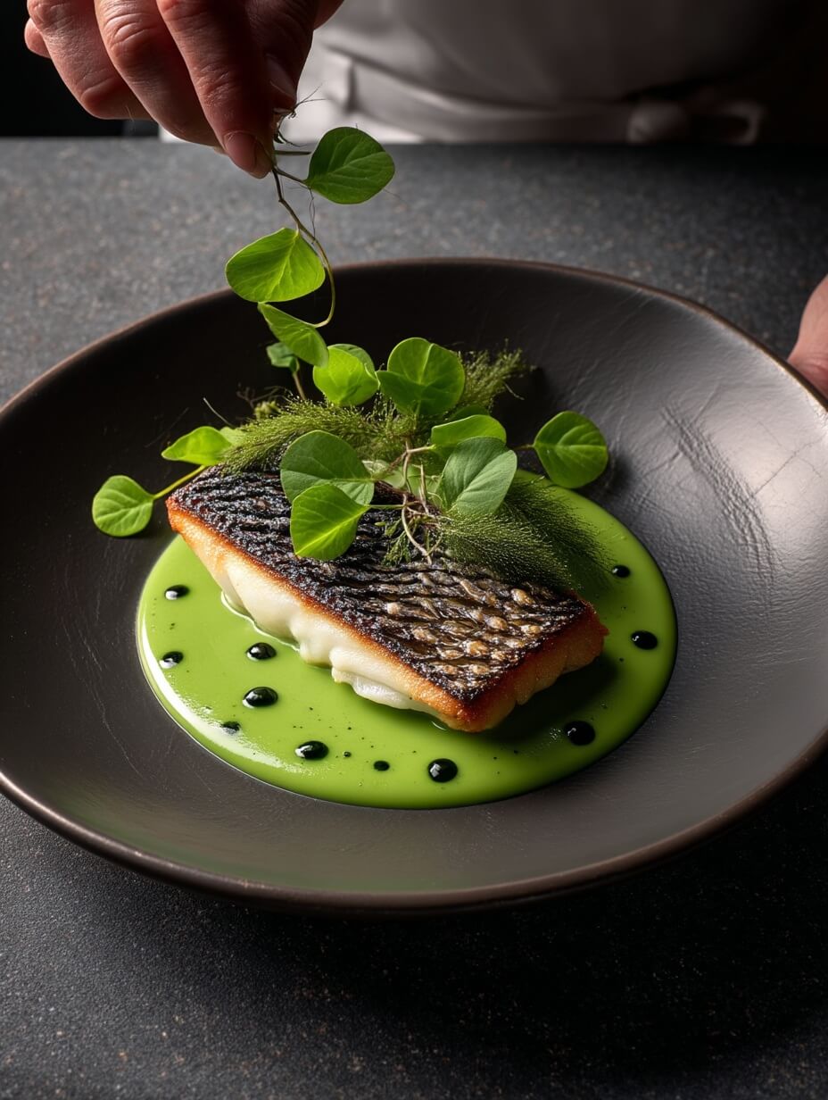 Seabass fillet served on green pea emulsion with herb oil and pea shoots.