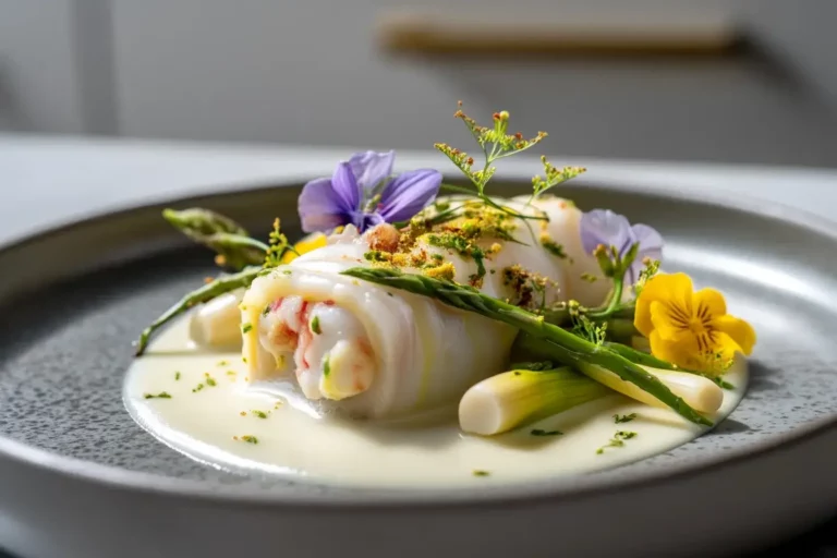 Dover Sole Roulades with almond milk velouté and white asparagus on marble countertop