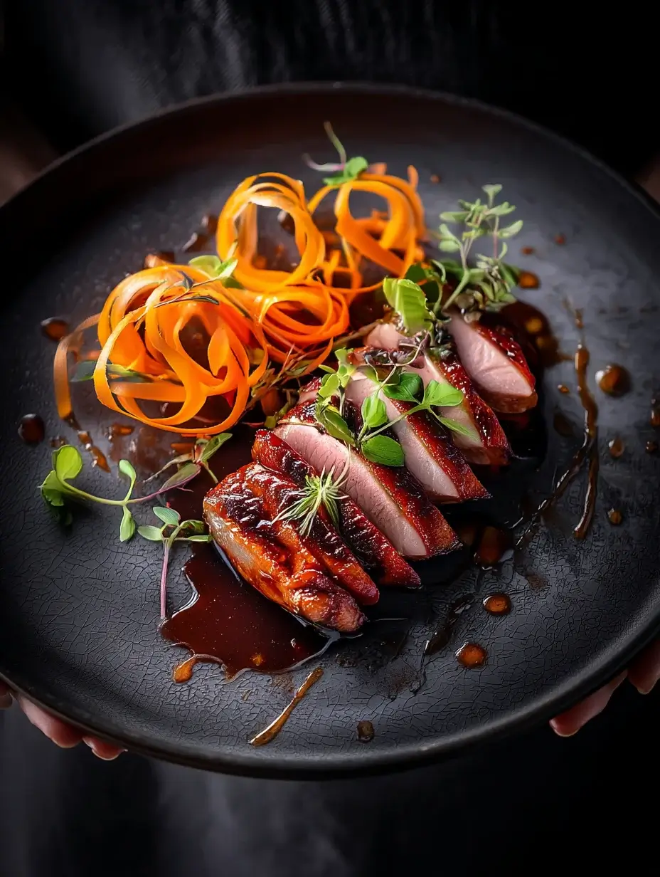 Sliced duck breast served over roasted carrot silk