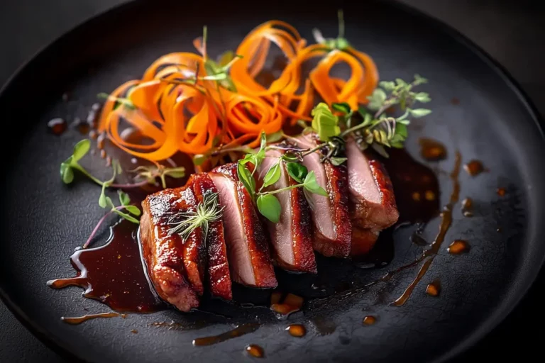 Duck Breast Slice with Honey–Thyme Jus and Roasted Carrot Silk