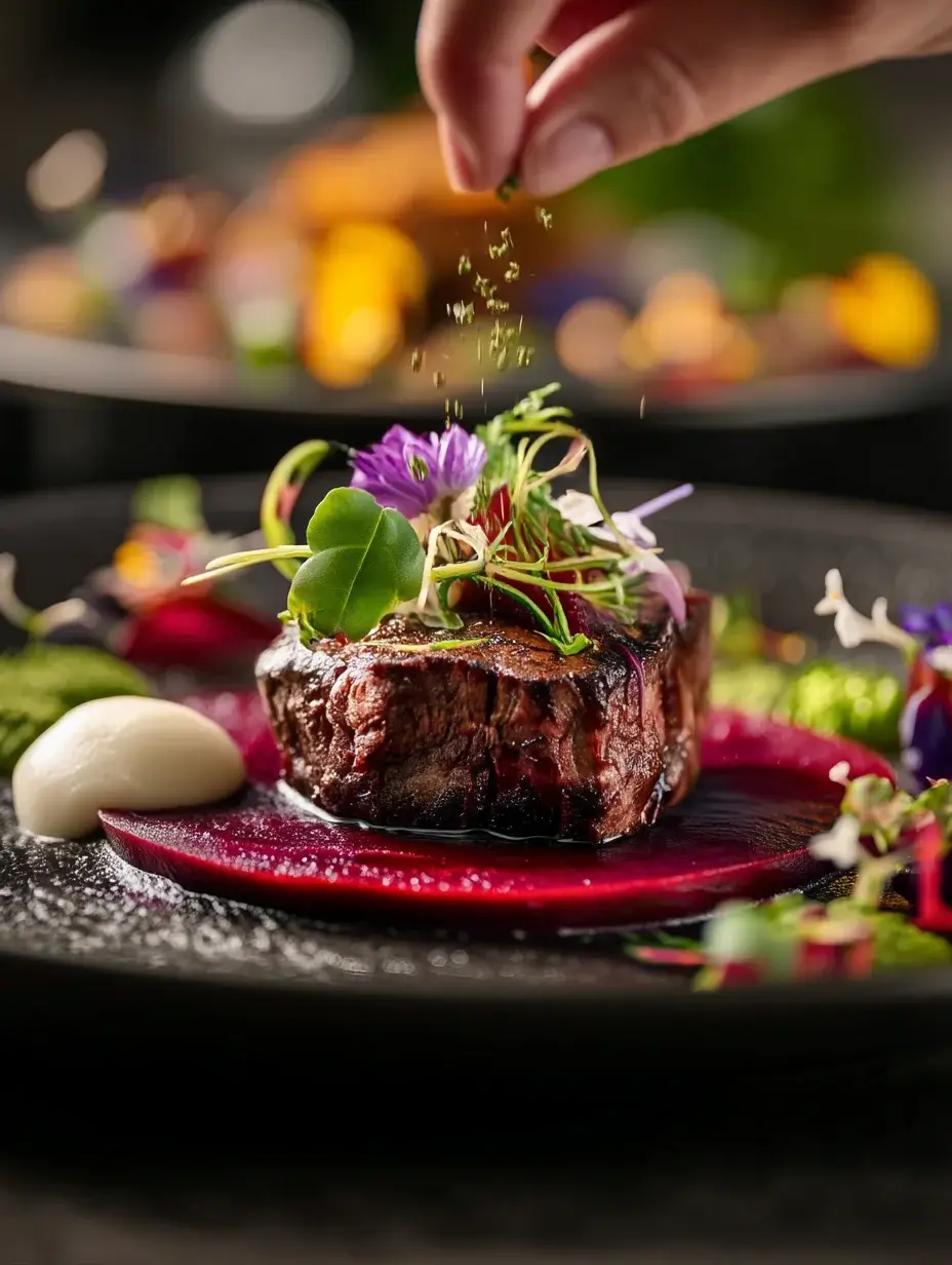 Plated beef tenderloin with beetroot purée, parsnip cream, and herb soil