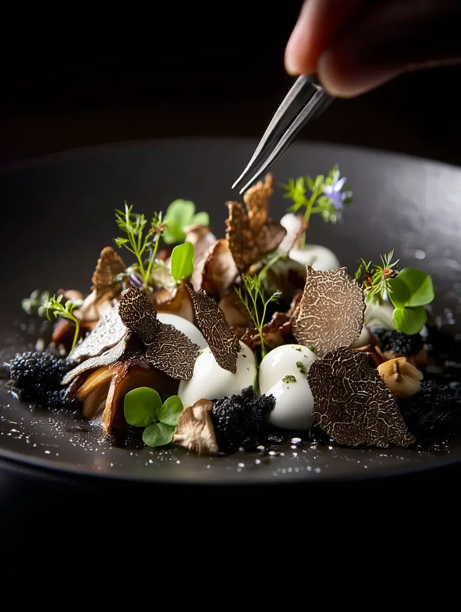 Served Mushroom Textures dish with chestnut foam and truffle pebbles.