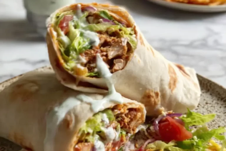 Chicken Doner Kebab wrap sliced open on marble counter