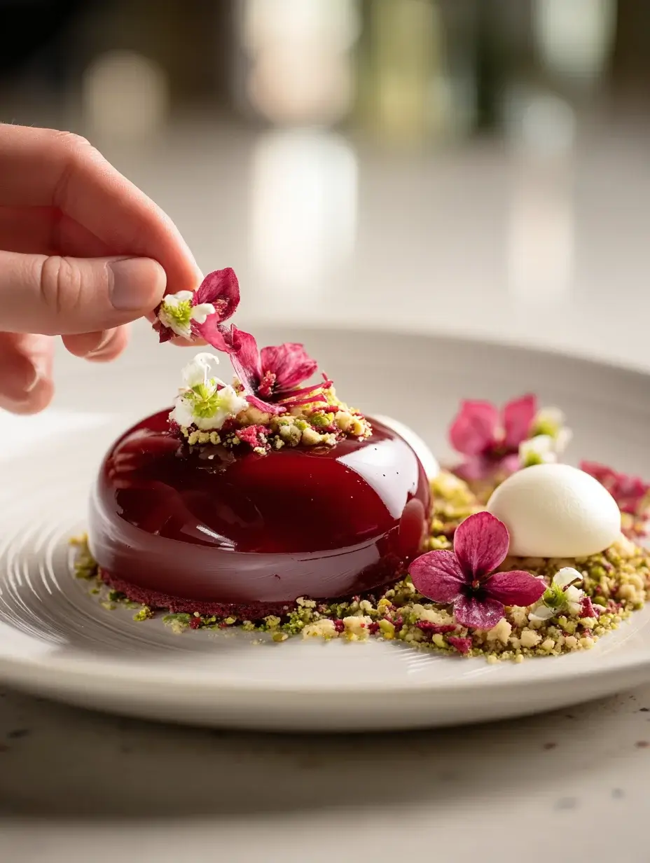 Female chef adding final garnish to a plated Beet and Vanilla Blossom Entremet on marble.