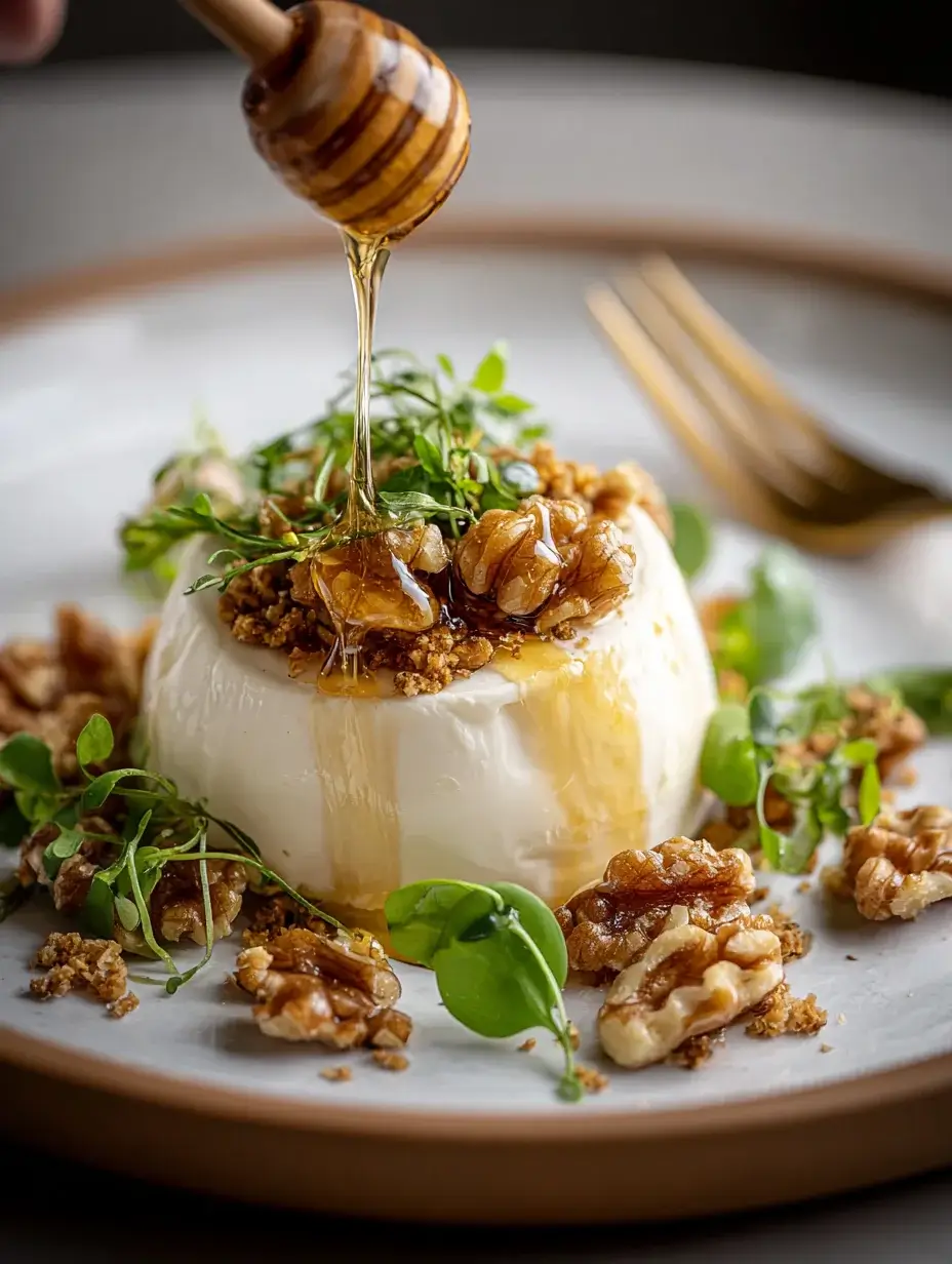 Plated Brie mousse with crumble and honey drizzle
