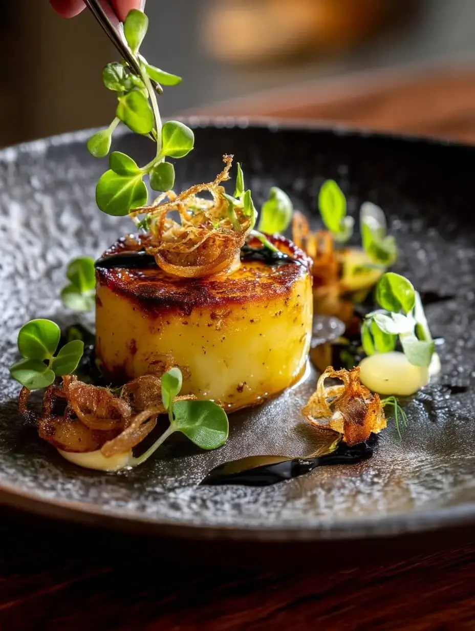 Serving of Mini Potato Fondant with truffle oil and crispy shallots