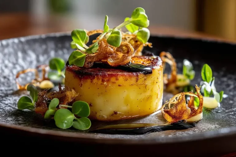 Mini Potato Fondant plated with crispy shallots and truffle oil drizzle