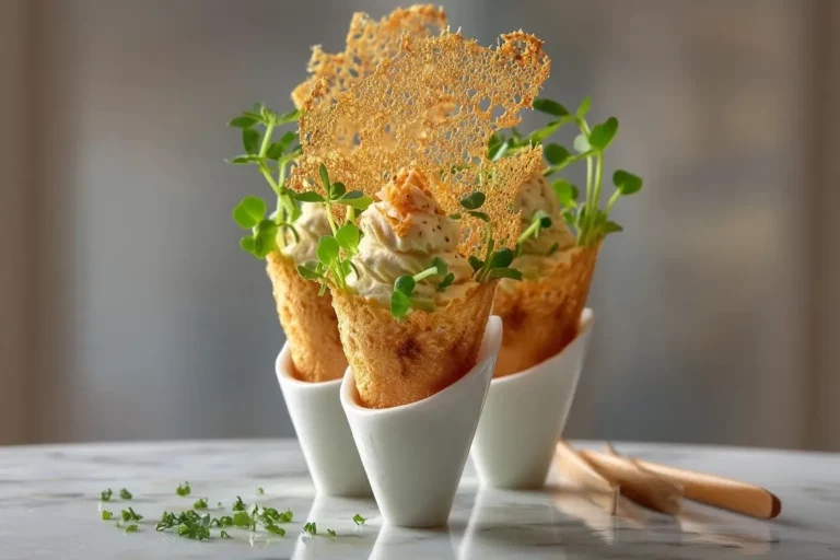 Mini Cones Filled with Chicken Caesar Mousse & Parmesan Crisp on marble counter