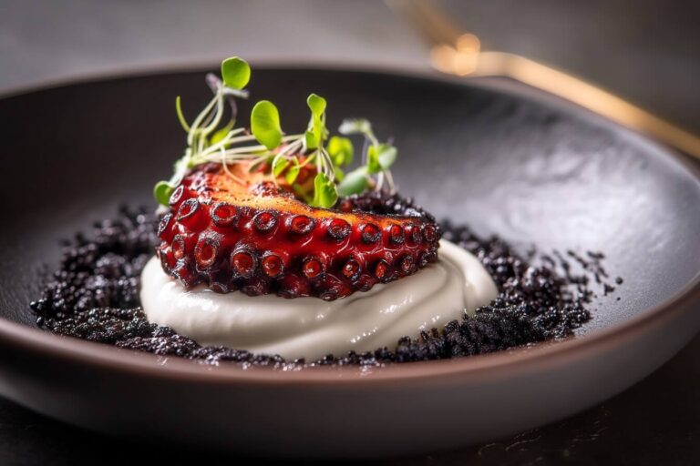 Grilled octopus coin plated on smoked paprika cream with olive soil on a marble counter