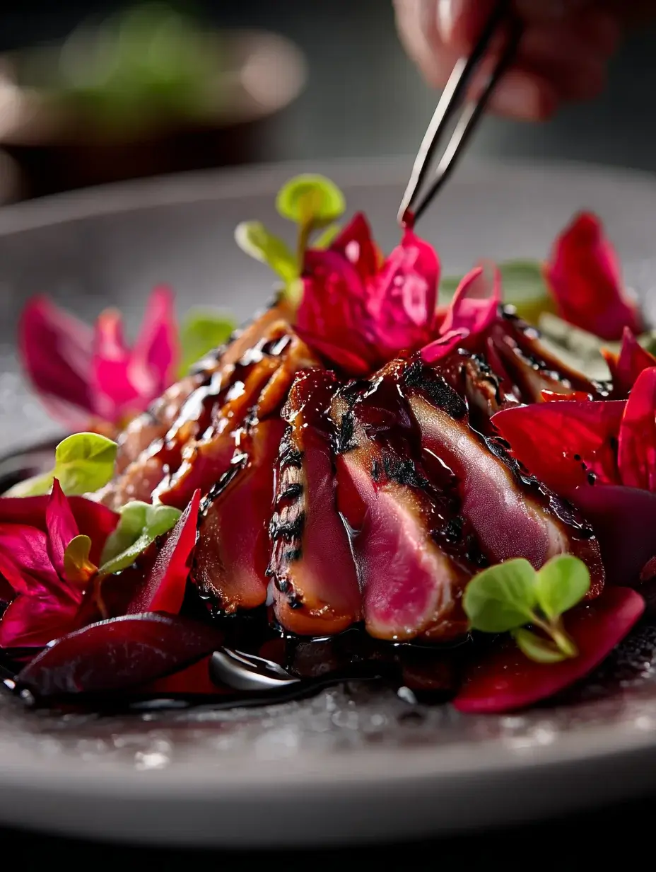 Female chef adding final garnish to plated Duck Rose with Blackberry Gastrique.