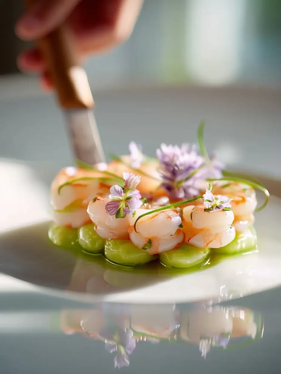 Chef assembling Shrimp Mosaic on Citrus Avocado Cream.