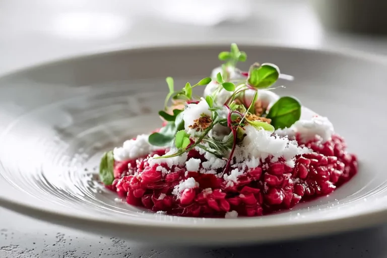 Beetroot Risotto with Goat Cheese Snow and Walnut Dust in a modern kitchen setting