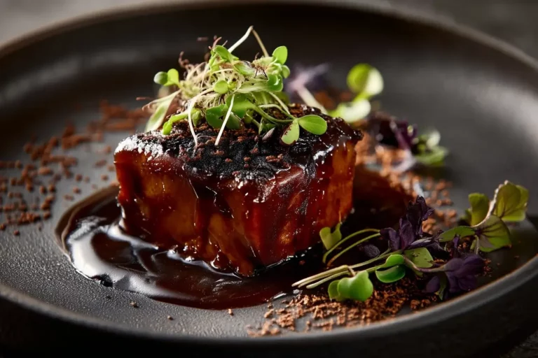 Beef Short Rib Bite with coffee reduction and cocoa salt on black plate.