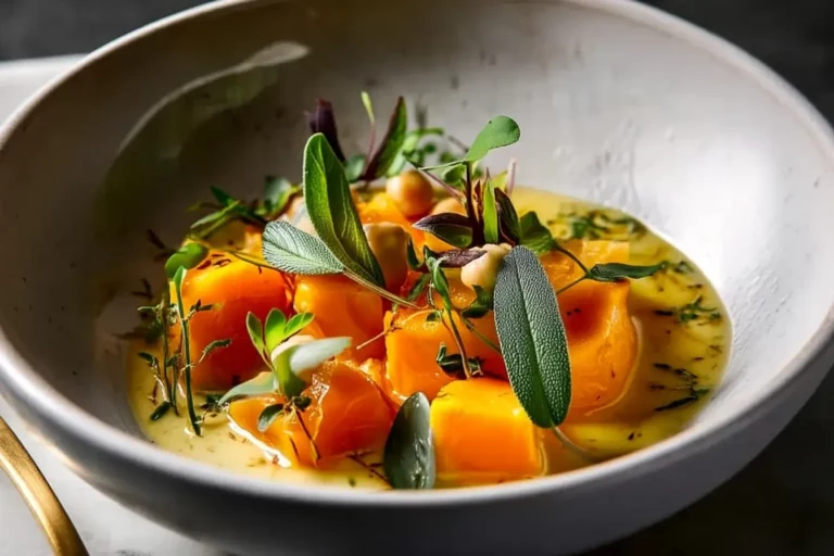 Pumpkin and Chickpea Stew served with sage and coconut milk in a cozy autumn setting.
