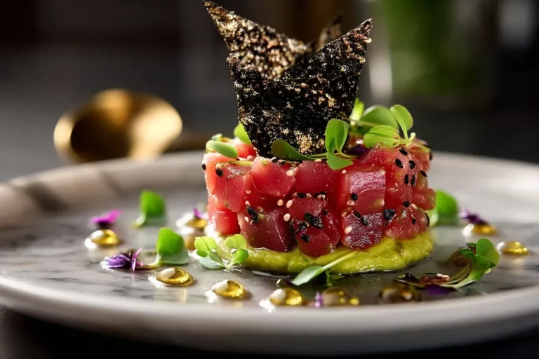 Elegant Tuna Tartare with avocado cream and sesame crisp
