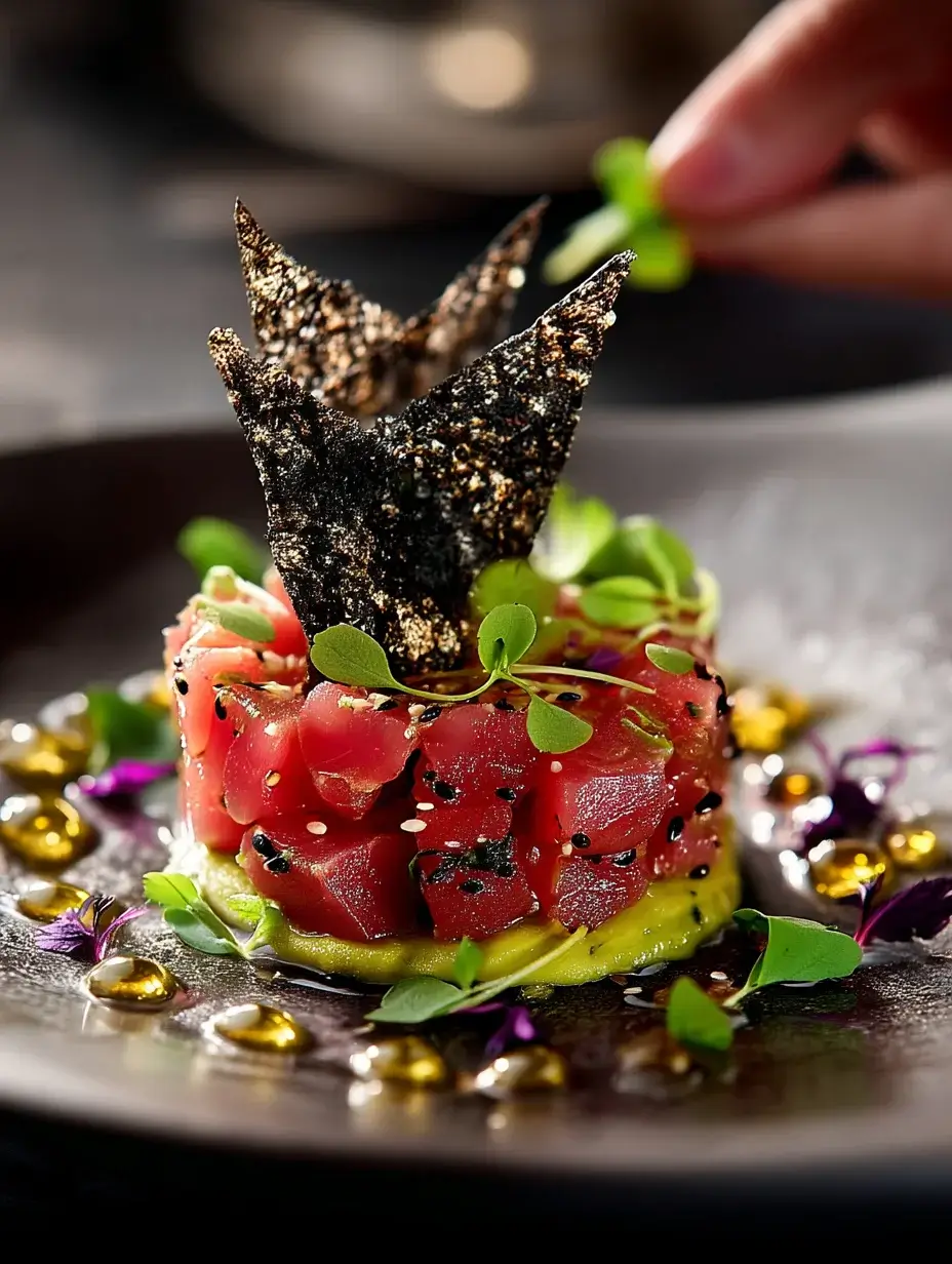Female chef finishing Tuna Tartare with avocado cream and yuzu gel