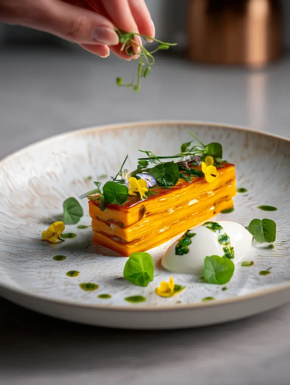 Woman chef’s hands finishing the plating of Sweet Potato Mille-Feuille with truffle ricotta and fresh herbs.