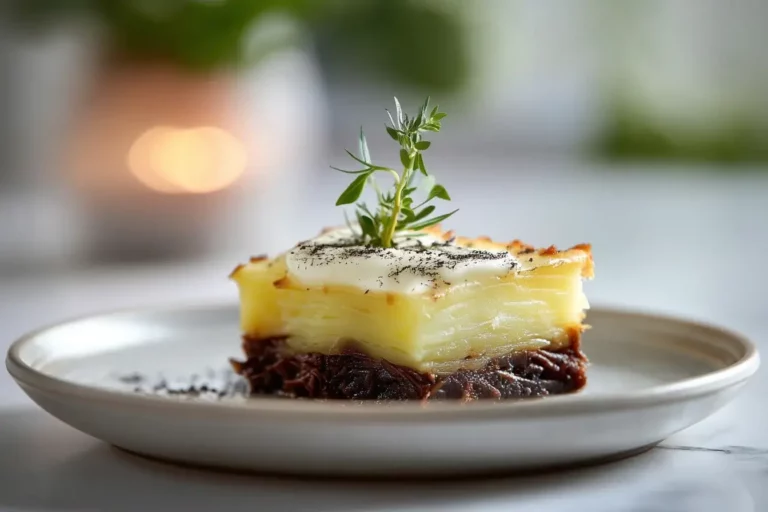 Elegant Short Rib Parmentier plated with Parmesan espuma and thyme ash on marble countertop.