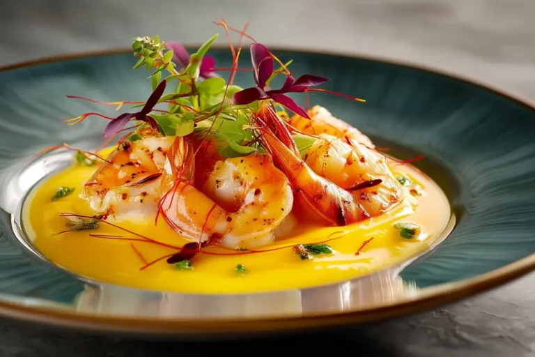 Lemongrass Poached Shrimp served over mango cream with chili threads.