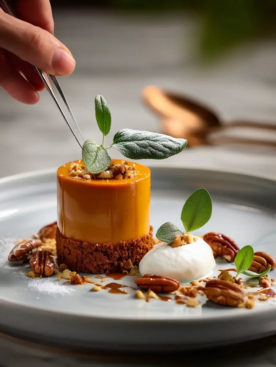 Served Pumpkin and Maple Cream Cylinder with sage whip and pecan garnish.