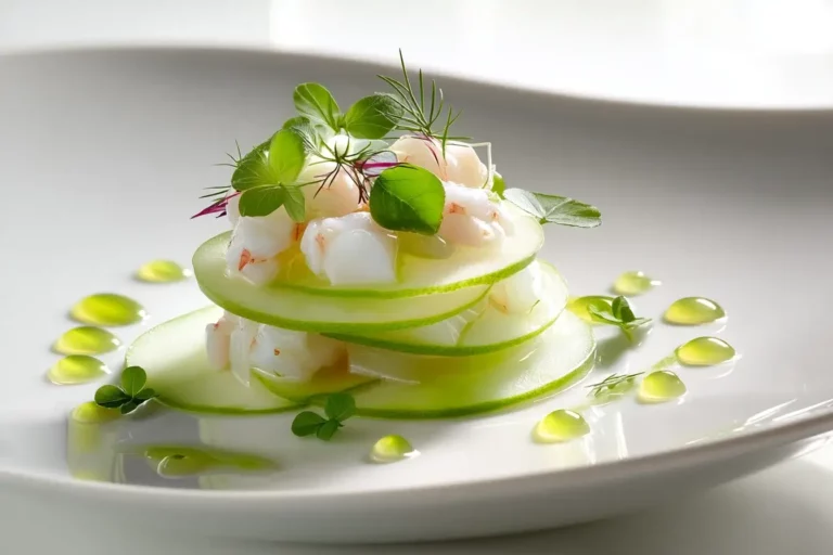 Crab and Green Apple Salad plated with microgreens and celery leaf oil