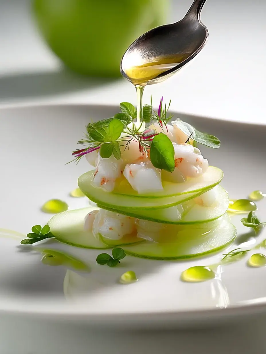 Assembling Crab and Green Apple Salad with celery leaf oil drizzle