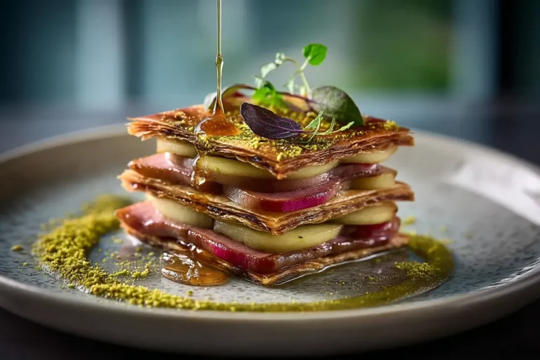 Duck and Apple Mille-Feuille with Sage Honey and Pistachio Dust on marble countertop