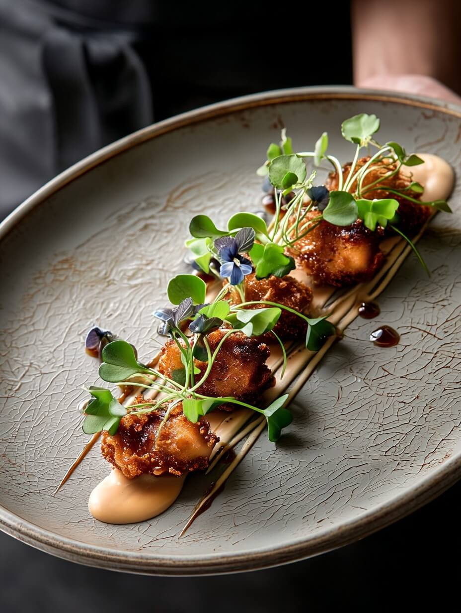 Female chef adding final touches to plated buttermilk fried chicken bites with maple mustard drizzle.