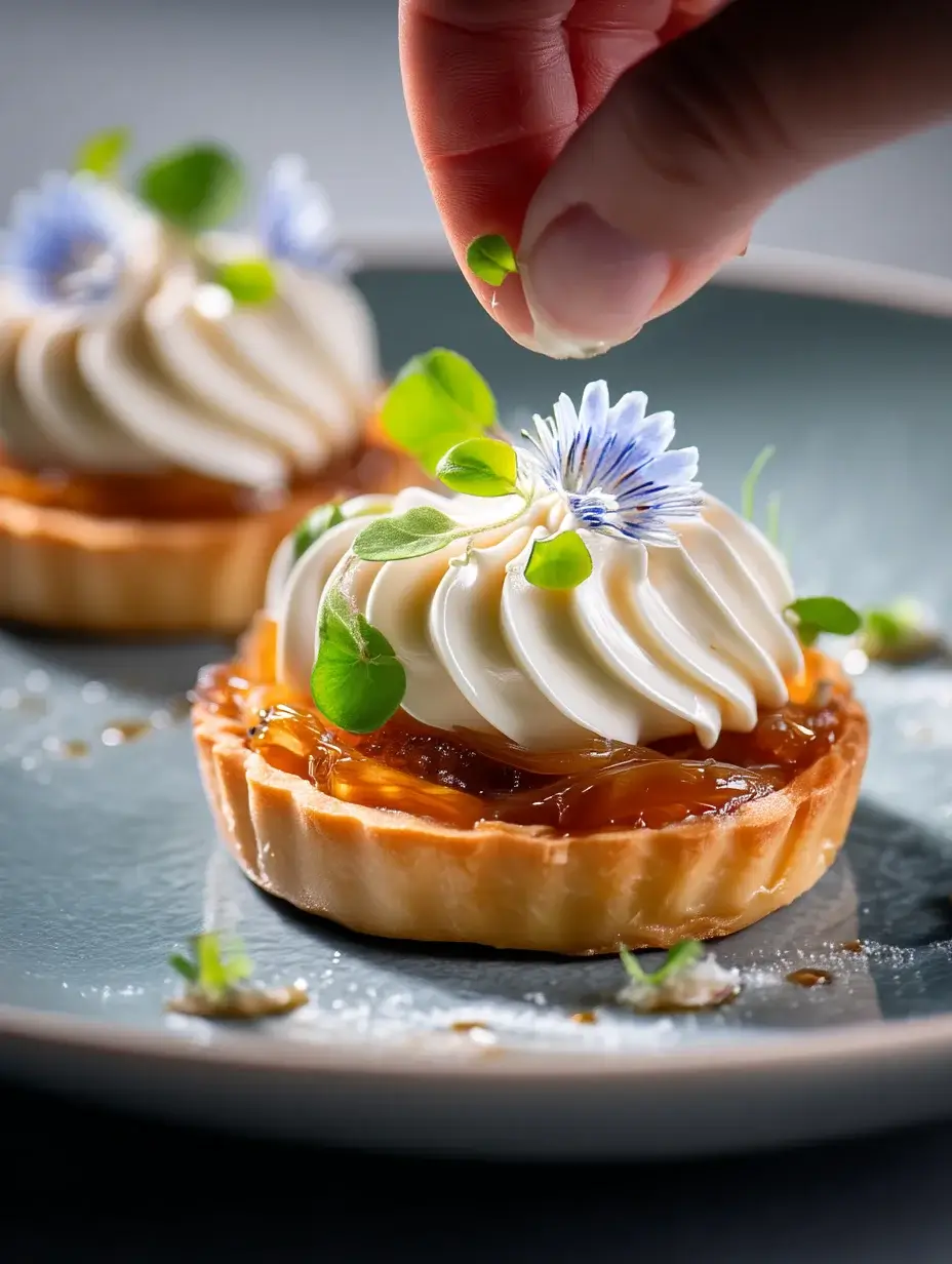 Assembling caramelized onion tartlets with goat cheese mousse