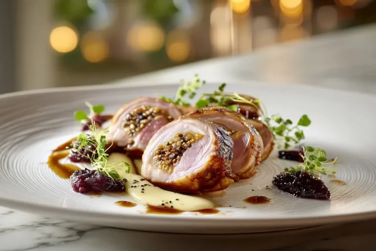 Seared Duck Roulade plated with fig compote and parsnip silk.
