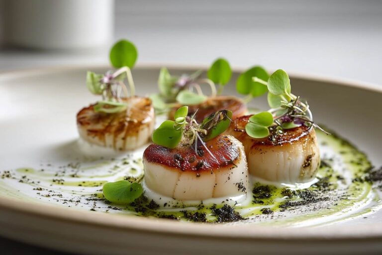King Oyster Mushroom “Scallop” with garlic emulsion and herb ash on marble countertop.