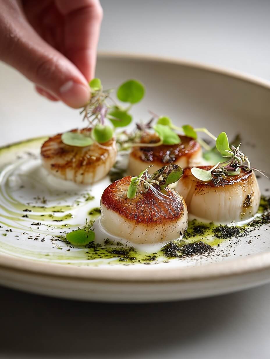 A woman chef’s hands finishing a King Oyster Mushroom “Scallop” dish with microgreens.