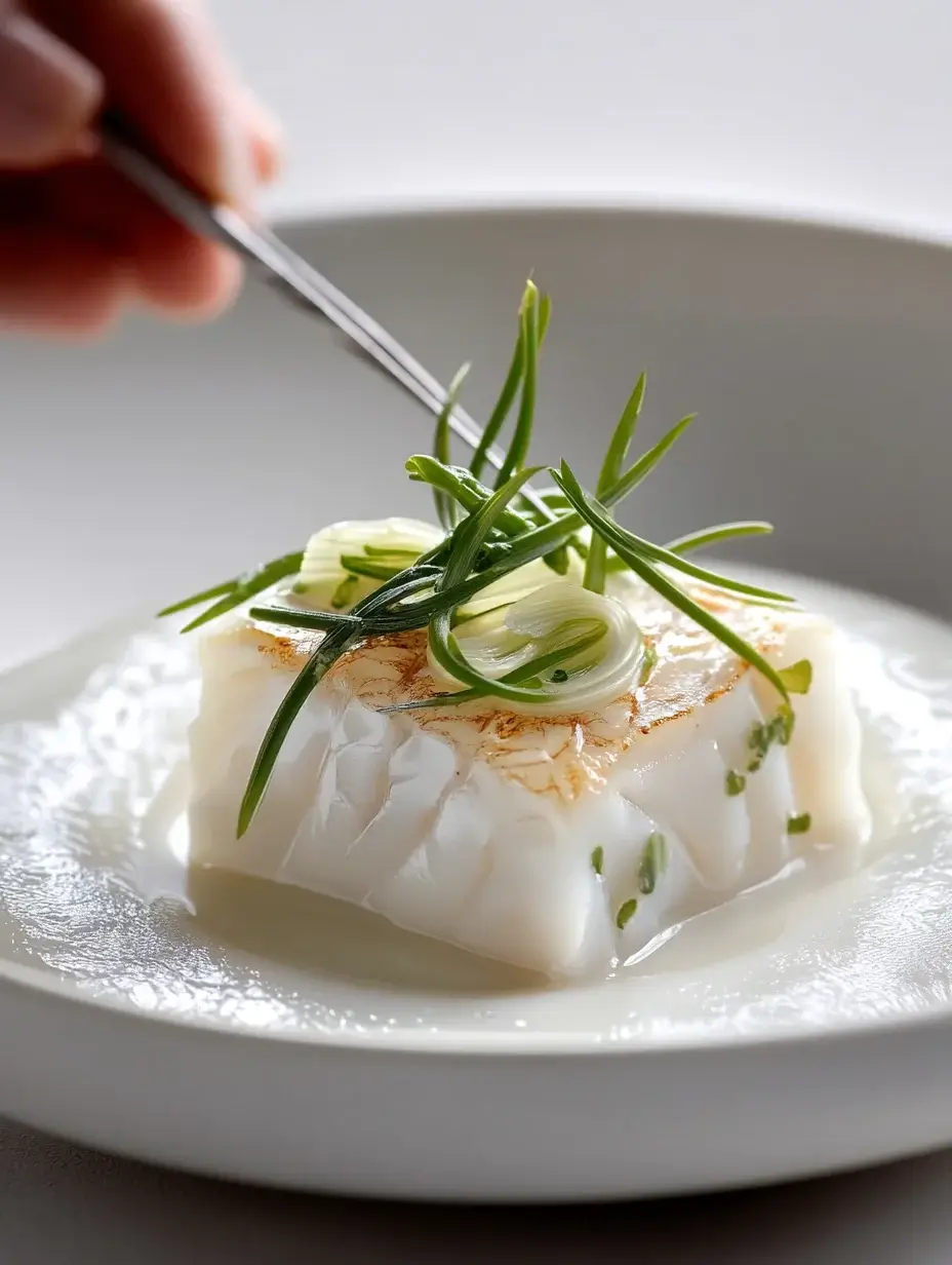 Plated poached halibut on cauliflower purée with chives and sea salt.