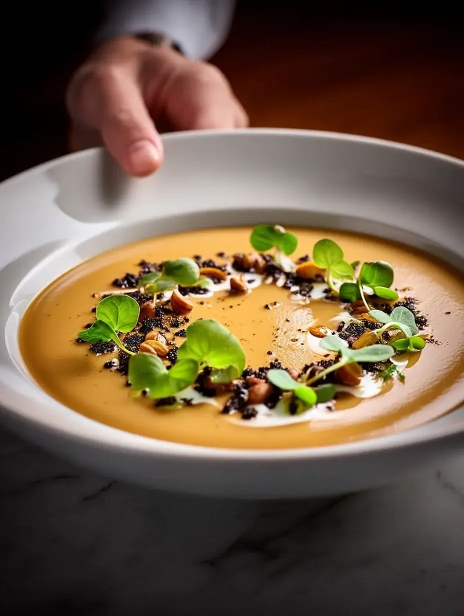 Bowl of creamy Jerusalem Artichoke soup with hazelnut milk drizzle and black garlic crumb.