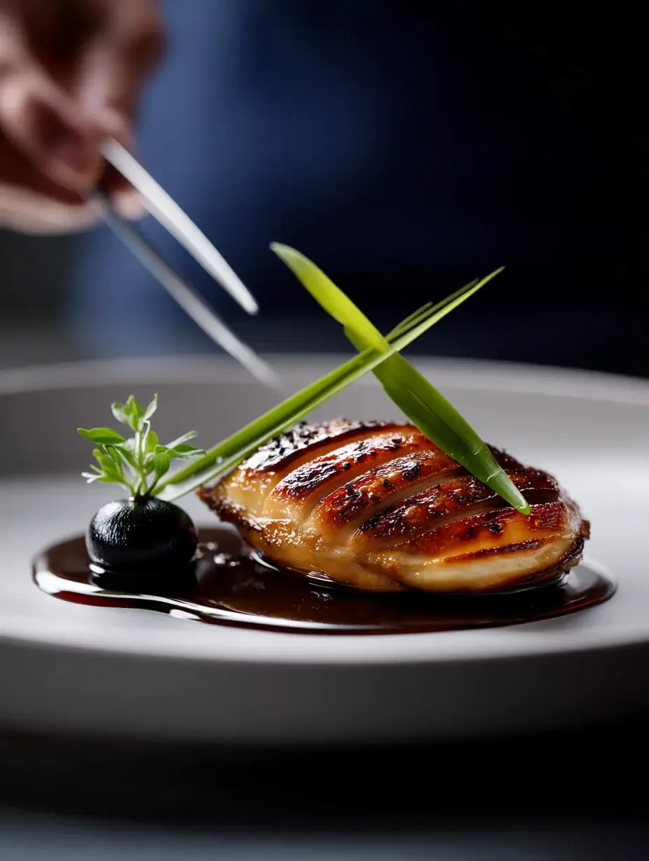 Female chef adding final garnish to plated roasted quail breast with sesame caramel