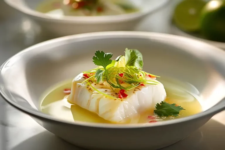 Lemongrass Poached Halibut in coconut milk with lime zest and chili garnish.
